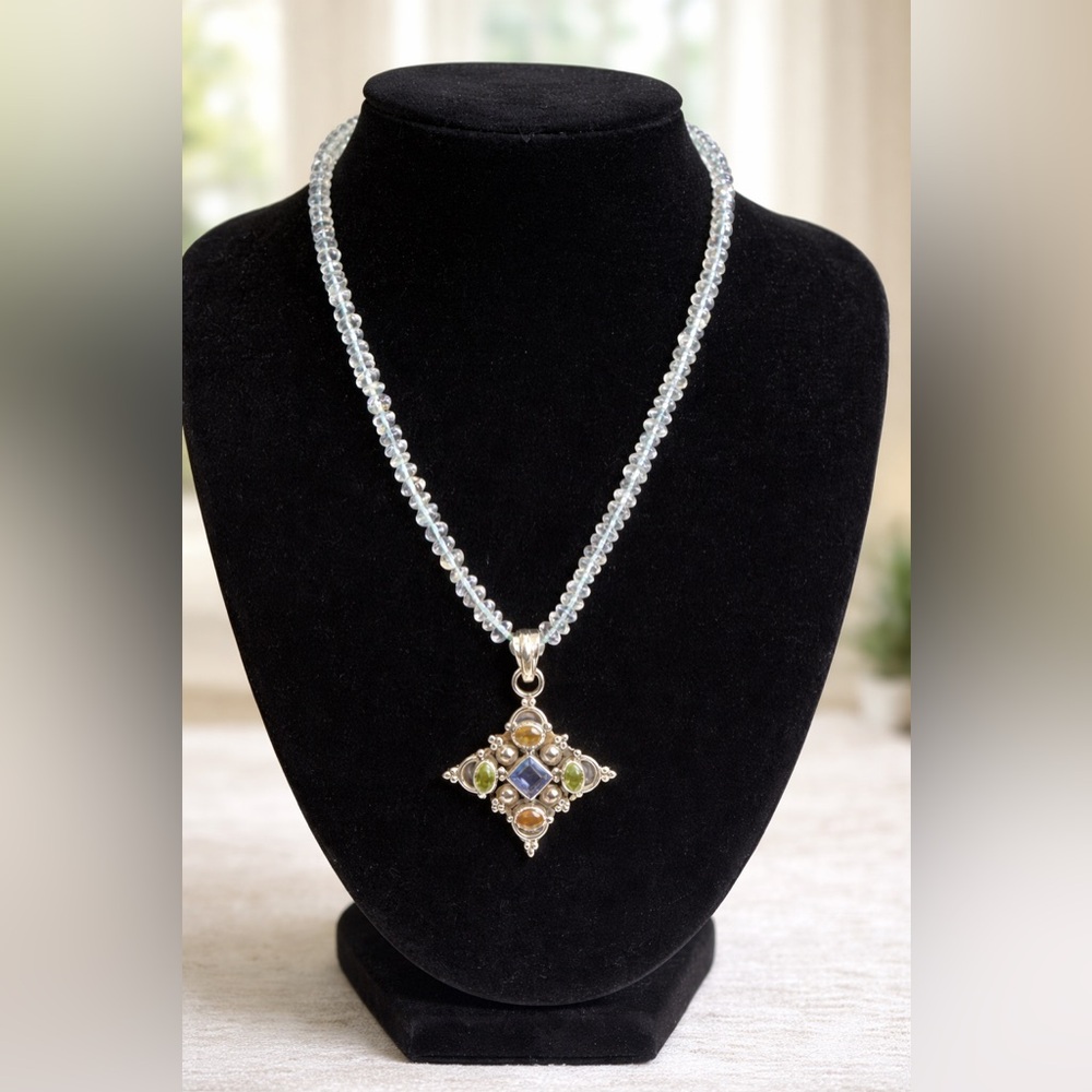Aquamarine Necklace W/ Citrine, Peridot And Amethyst Cross New